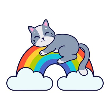 Sevimli çizgi film kedisi gökkuşağında uyur. Vektör illüstrasyonu.