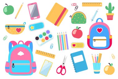 Okul malzemeleri seti. Vektör düz resimleme.