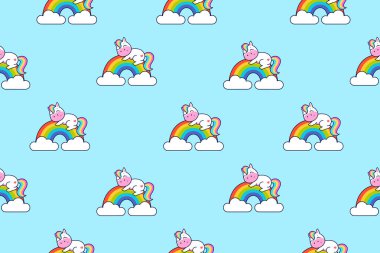 Şirin tek boynuzlu at gökkuşağında uyuyor. Kusursuz vektör deseni.