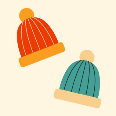 İki örgü şapka. Düz biçimli vektör illüstrasyonu.
