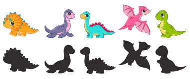 Farklı türde dinozorlar ve siluetleri. Vektör çizgi film illüstrasyonu.