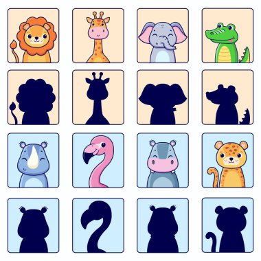 Farklı türde Afrika hayvanları ve siluetleri. Vektör çizgi film illüstrasyonu.