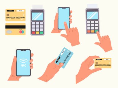 Temassız ödeme. Bir dizi illüstrasyon. Vektör düz resimleme.