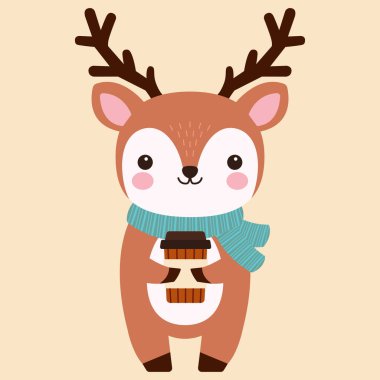 Güzel geyik ve bir bardak kahve. Vektör düz resimleme.