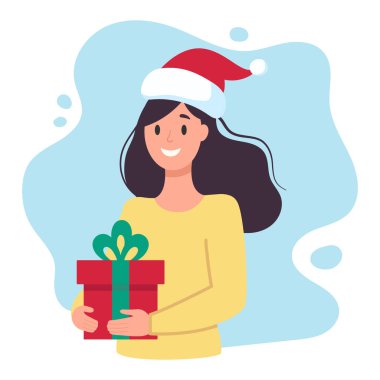 Elinde hediye tutan koyu renk saçlı genç bir kadın. Noel tasarımı. Vektör basit düz illüstrasyon.