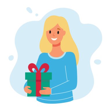 Elinde hediye tutan genç sarışın kadın. Noel tasarımı. Vektör basit düz illüstrasyon