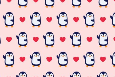 Şirin desen. Penguen ve kalpler. Vektör illüstrasyonu.