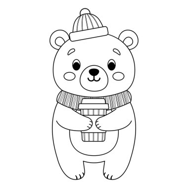 Elinde bir bardak kahve tutan sevimli bir ayı. Boyama sayfası. Vektör basit düz illüstrasyon.