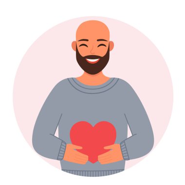 Kel ve sakallı aşık bir adam kalp taşıyor. Vektör illüstrasyonu.