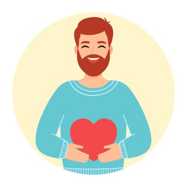 Kızıl saçlı ve sakallı bir adam kalp taşıyor. Vektör illüstrasyonu.