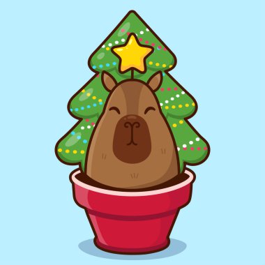 Tatlı çizgi film kapibarası ve noel ağacı. Vektör Noel illüstrasyonu.