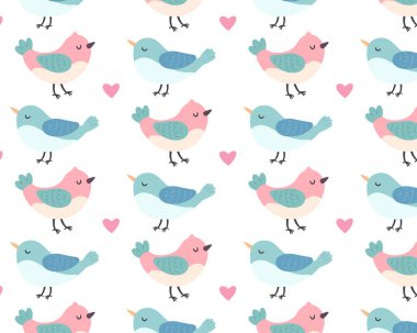 Cute birds. Spring pattern. Vector flat illustration.