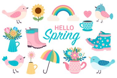 Bahar çizimi seti. Merhaba bahar. Vector Clip sanatı. Basit düz biçim.