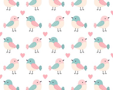 Cute birds. Spring pattern. Vector flat illustration.