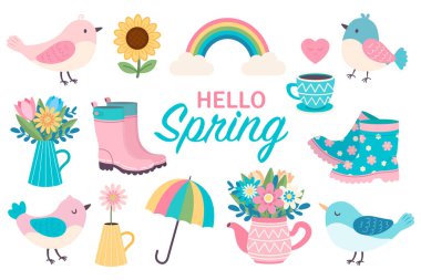 Bahar çizimi seti. Merhaba bahar. Vector Clip sanatı. Basit düz biçim.