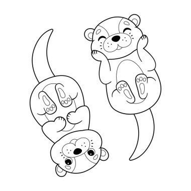 İki sevimli su samurunun boyama sayfası. El çizimi Vektör illüstrasyonu.