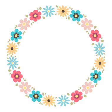 Bahar çiçeklerinin yuvarlak çerçevesi. El çizimi vektör illüstrasyonu.