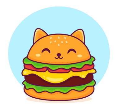 Şirin kawaii burger kedisi. Çizburger çizgi filmi. Vektör illüstrasyonu.