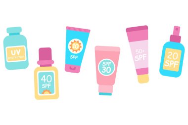 Bir şişe ve güneş kremi seti. Güneş kremi ve güneş kremi. Güneş kremi, losyon, sprey koleksiyonu. El çizimi illüstrasyon