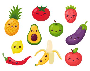 Şirin kawaii meyveleri, sebzeler ve böğürtlenler. Beyaz arka planda bir dizi sağlıklı besin. El çizimi, vektör illüstrasyonu.