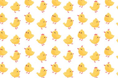 Tavuklarla çizgi film deseni. Farklı pozlarda şirin sarı tavuklar. Vektör illüstrasyonu.