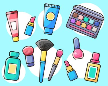 Bakım için çeşitli kozmetik ürünler. Şişelerde, tüplerde ve kavanozlarda dekoratif kozmetik ve makyaj malzemeleri koleksiyonu. Düz vektör illüstrasyonu