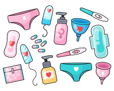 Adet döngüsü kadın kiti. Regl kupası, hijyenik ped, hamilelik testi, tampon, hap, özel hijyen jeli. Vektör illüstrasyonu.