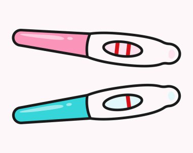 Beyaz arka planda pozitif, negatif hamilelik testleri izole edilmiş. Vektör illüstrasyonu.