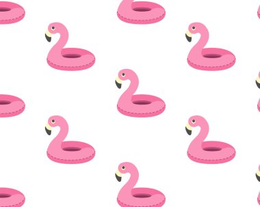 Şeffaf arka planda, şişme flamingo ile kusursuz desen. Güzel bir yaz şablonu. Yüzme yüzükleriyle plajda tatil. El çizimi, vektör illüstrasyonu.