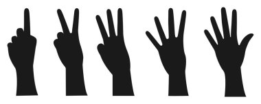 Siyah el siluetleri koleksiyonu. Birden beşe kadar sayan eller. Vektör illüstrasyonu.