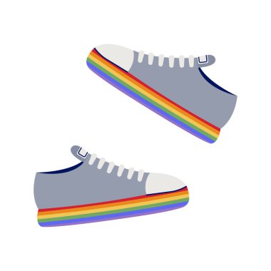 Gökkuşağı tabanlı spor ayakkabılar. LGBT çıkartmaları. Gurur ayı. El çizimi. Vektör illüstrasyonu.