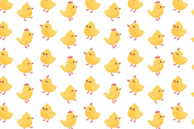 Tavuklarla çizgi film deseni. Farklı pozlarda şirin sarı tavuklar. Vektör illüstrasyonu.