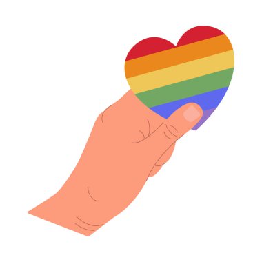 Bir el, kalp şeklinde bir çıkartma tutar. Gurur Ayı. El çizimi. Vektör illüstrasyonu