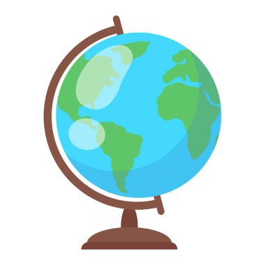 Çizgi film küresi. Dünyanın izole bir haritası. Coğrafya dersi için ekipman. Kürsüde Dünya Gezegeni modeli. Vektör illüstrasyonu.