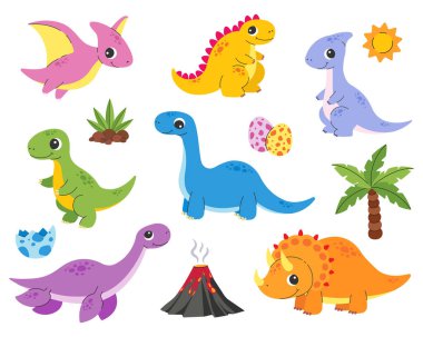 Şirin bebek dinozorlar. Denizci, yırtıcı, otobur ve uçan dinozorlar, dinozor yumurtaları ve palmiye ağaçları. Vektör illüstrasyonu