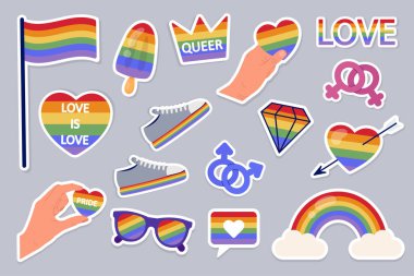 LGBTQ çıkartma seti. LGBT gurur sembolü. Gri arka planda gökkuşağı elementleri. Vektör ortamı