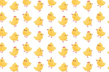 Tavuklarla çizgi film deseni. Farklı pozlarda şirin sarı tavuklar. Vektör illüstrasyonu.