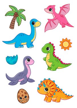 Şirin bebek dinozorlar. Denizci, yırtıcı, otobur ve uçan dinozorlar, dinozor yumurtaları ve palmiye ağaçları. Vektör illüstrasyonu