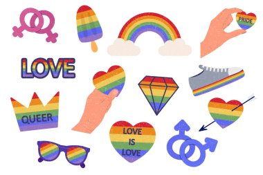 LGBTQ çıkartma seti. LGBT gurur sembolü. Gri arka planda gökkuşağı elementleri. Vektör ortamı.