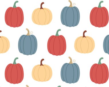 Elle çizilmiş şirin balkabakları. Sıcak bir sonbahar şablonu. Vektör illüstrasyonu.