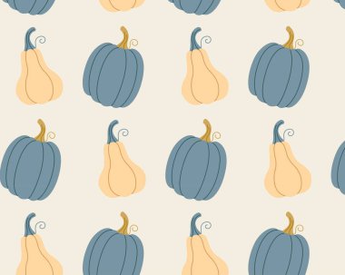 Elle çizilmiş şirin balkabakları. Sıcak bir sonbahar şablonu. Vektör illüstrasyonu.