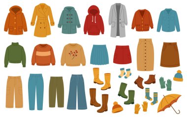 Bir takım rahat kıyafetler. Sonbahar kazakları ve ceketleri, çoraplar ve şapkalar, lastik botlar ve ayakkabılar, kot pantolon ve elbiseler, sonbahar aksesuarları. Beyaz arkaplanda el çizimi vektör çizimi izole