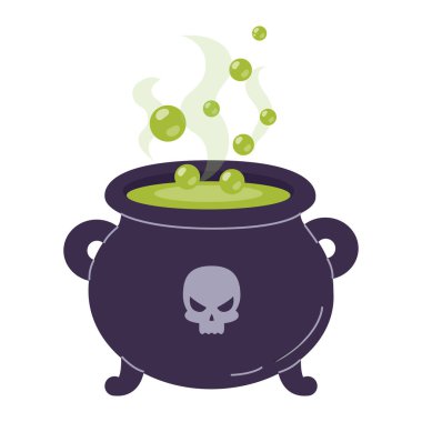 İksirli kazan. Cadılar Bayramı tasarımı. İzole edilmiş beyaz arka plan. Düz biçim vektör illüstrasyonu.