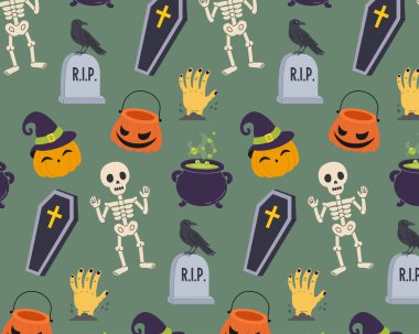 Cadılar Bayramı şablonu güzelmiş. Ürkütücü tatil unsurları. Düz biçim vektör illüstrasyonu.