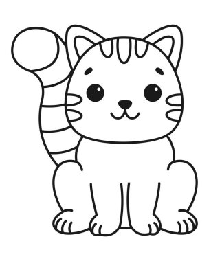 Sevimli çizgi film kedisi. Boyama sayfası. İzole edilmiş beyaz arka plan. Vektör illüstrasyonu.