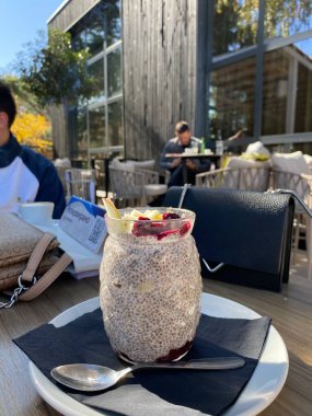 Tasty breakfast outside in the sunny morning.