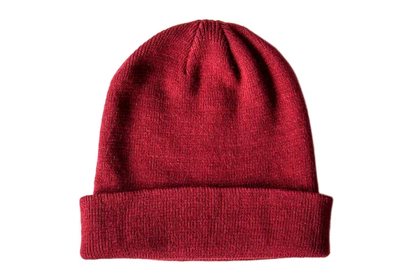 Ζεστό Πλεκτό Κόκκινο Μάλλινο Καπέλο Μονωμένο Λευκό Φόντο Πάνω Όψη — Φωτογραφία Αρχείου