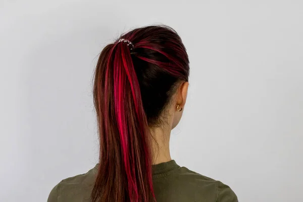 突出红色的头发 姑娘们 女人的头发结成了马尾辫 — 图库照片