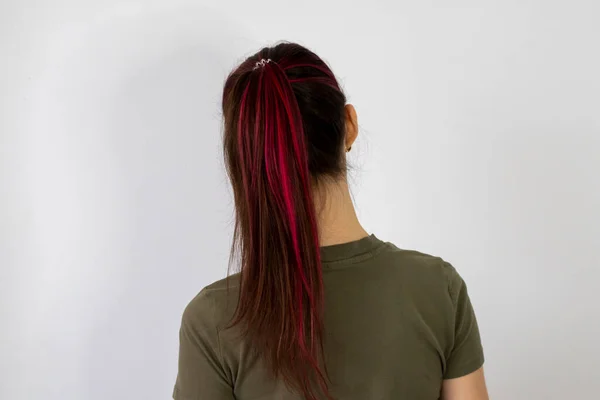 Kırmızı Pembe Saçları Vurgula Kızlar Kadınların Saçları Kuyruğu Şeklinde Toplanmış — Stok fotoğraf