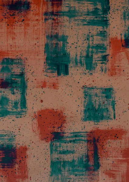 Vertical abstract acrylic painting. Red and turquoise strokes on orange background. Acrylic art with accents. Abstract rough background with small colored blobs.
